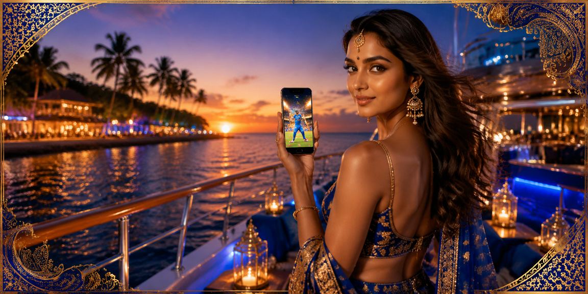 Cricket betting scene at Goa beach with blue and gold theme