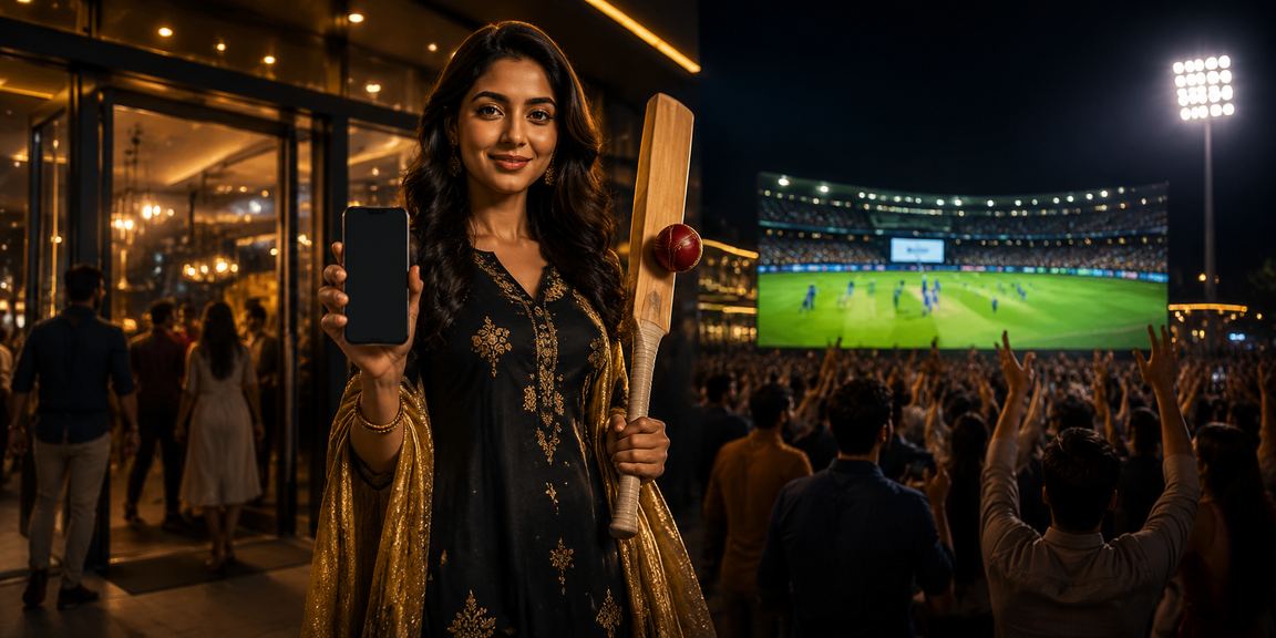 Woman in traditional outfit playing online rummy on mobile in Mumbai