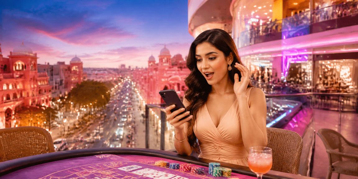 Neon-lit baccarat table in Jaipur casino